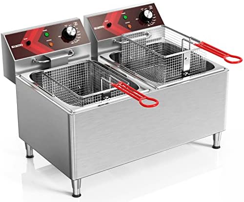 Eggkitpo Deep Fryers Commercial Deep Fryer 12L x 2 Голем двојно резервоар Електрични длабоки пржени со корпа за електрична плоча