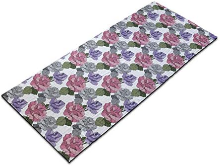 Ambesonne цвеќиња јога мат пешкир, цветна тема ботаничка илустрација розови и виолетови рози долж зелени лисја, нелизгање на пот-абсорбента