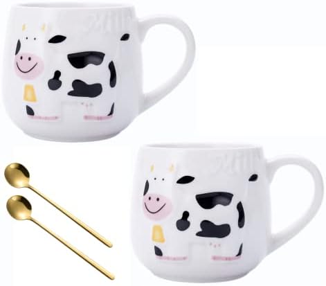Fighver керамичко кафе чаши сет од 2, 14 мл новини слатки чаши за порцелански порцелански кафе, смешни 3Д чаши за керамика од крави од животински производи за чајно млеко