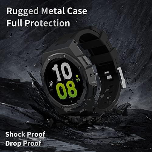 Луксузен случај DGYSG со бенд дизајниран за Samsung Galaxy Watch 5 44mm 2022 / Watch 4 44mm 2021, солиден воен заштитен метал браник со тактички силиконски лента за мажи