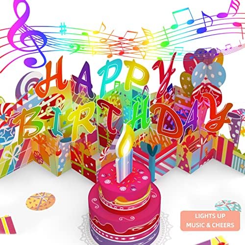 Музичка Роденденска Честитка, ГОЛЕМА Лед-Свеќа ЗА Дување 3Д Скокачки Картички СО Музика За Среќен Роденден, Звук На Овации, Разни Светла, Издувна