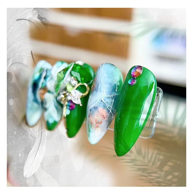 Рачно изработени Вештачки Лажни Нокти Врежана Текстура Дизајн Со Камења На Зелена Позадина Подароци За Жени И Девојки