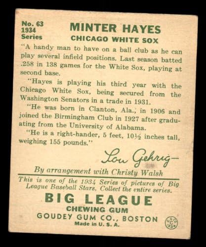 1934 година Гуди 63 Минтер Хејс Чикаго Вајт Сокс Добар бел сокс