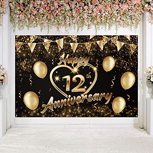 5665 Среќна 12-годишнина Позадина Банер Декор Црно Злато-Сјајот Љубов Срце Среќен 12 Години Свадба Годишнината Партија Тема Украси За Жени Мажи
