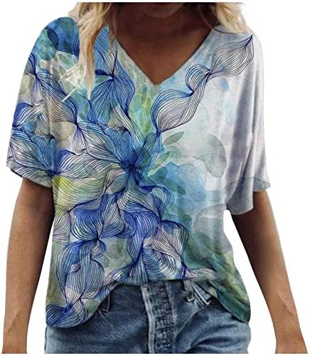 Врвови за жени летни цветни печатени кратки ракави манчиња обични v вратот симпатични маици гроздобер графичка лабава блуза во бохо