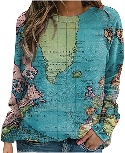 Светска мапа за печатење џемпер за жени Обичен трендовски екипаж со долги ракави кошули меки лабави тунични врвови дами блуза
