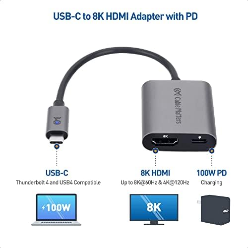 Кабелски работи 48Gbps USB C до HDMI 2.1 адаптер со полнење од 100W, 4K 120Hz и 8K 60Hz HDR - Thunderbolt 3 и Thunderbolt 4 компатибилен