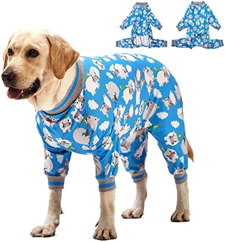 LOVINPET Голема облека за кучиња/Путни пижами на кучиња, тенок вклопување, лесен пуловер/целосна покриеност кучиња PJS/Среќно хипо сино печатење/голема раса кучиња PJS/XL