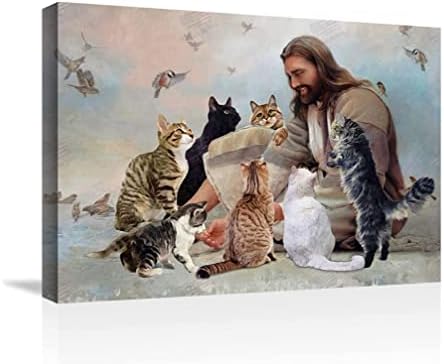 Исус и мачки платно wallидна уметност | Луѓето сакаат украси за мачки wallидови отпечатоци | Animalивотински постер сликарство