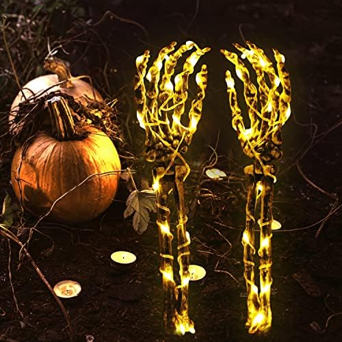 Осветлени скелетни раце влогови на Ноќта на вештерките, 2 реални раце на скелетот со 48 LED топли бели светла водоотпорна батерија