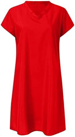 Женски фустани лето долг женски моден фустан цврст боја краток ракав v вратот со средна должина фустан атлетски фустани