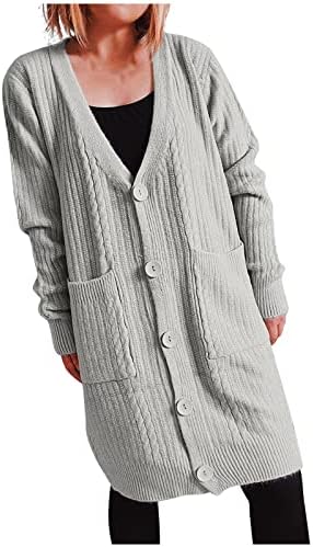 Долг џемпер кардиган женски копче надолу по долги ракави кабел плетена палто за надворешна облека V-вратот отворени предни