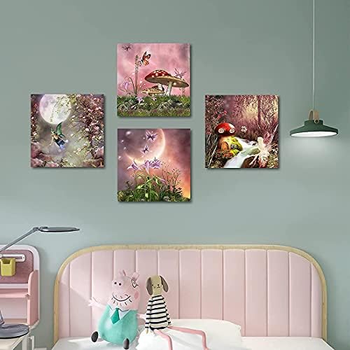 QTespeii Fantasy Baiky Wallидна уметност 4 парчиња розови цвеќиња и шарени слики од пеперутка платно отпечатоци модерен постер за девојчиња спална соба расадник декор уникатн?