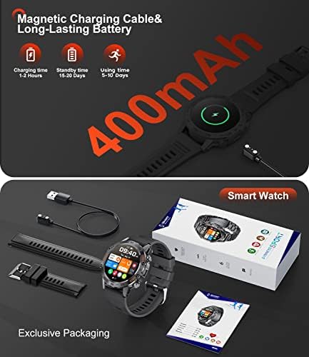 Воен паметен часовник за мажи, 1,39 '' DIY HD 400mAh долг батерија тактички спортски часовник со 100+ спортови режими Монитор на крвен притисок, смарт часовник за iphone Android теле