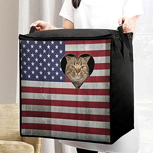 Мачката Гледа Низ Дупка Во Знамето На САД Голема Торба За Чување На Ватенка Кутија За Организатор Патент Одозгора За Утешител