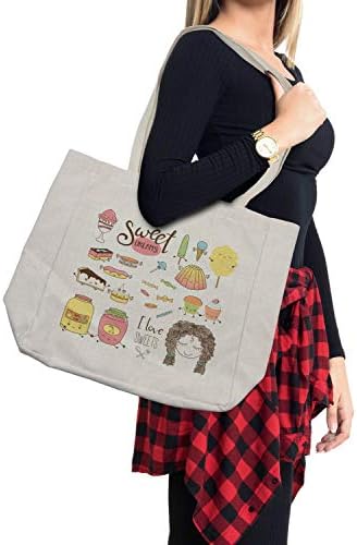 Амбесон велејќи торба за купување, тинејџерска девојка сонува за слатки храна doodle ликови Каваи цртани филмови, еко-пријателска торба