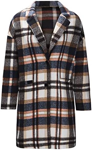 Женски тартан карирана шарена палто, долга јакна, случајна плус големина волна мешавина од ровови, палто лаптено копче надолу со кошула јакна блејзер