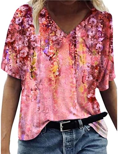 Femaleенски графички врвен есен летен краток ракав облека памук V вратот бренд блуза за блуза за дама C7 C7
