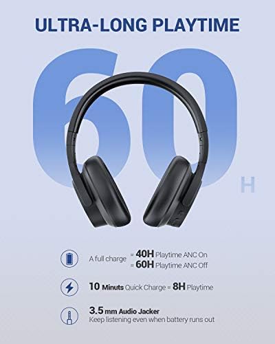 Цистерео Активни Слушалки За Поништување На Бучава со 40db Намалување на Бучавата, Безжичен Bluetooth, 40h Playtime, aptX HD, Hi-Res Audio, Брзо Полнење, Длабок Бас, Протеински Ушни Перни