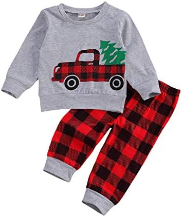 Детето бебе момче девојче со долги ракави памук карирана карана џемпер на пулвер+панталони со две парчиња облека поставени есенска зимска