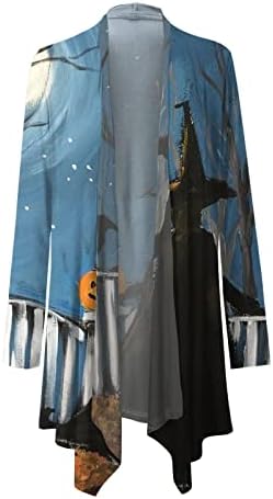 Women'sенски Ноќта на вештерките кардиган тиква мачка со долг ракав отворен предниот дел плус големина џемпер палто врвот долга жена џемпер