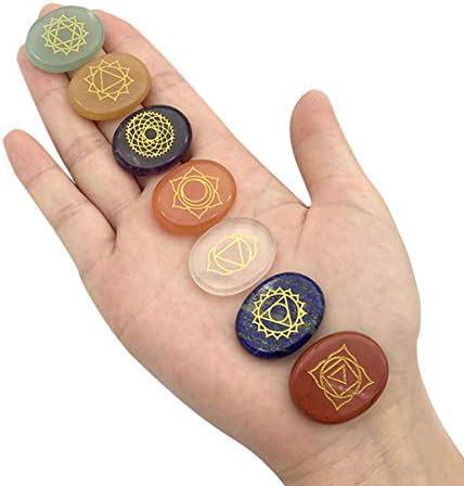 Jinen Chakra Stones сет од 7, врежани симболи на чакра, комплет за занаетчиски материјали за вештерки и алатки за почетници, погоден