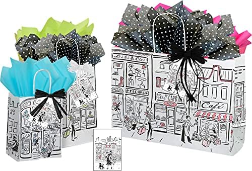 Париз Подарок Торба Поставува Улица Сцена Полка Точка Појавување Ткиво Хартија И Подарок Картички Со Рафија Лента 3 Вкупно Избрани Големини