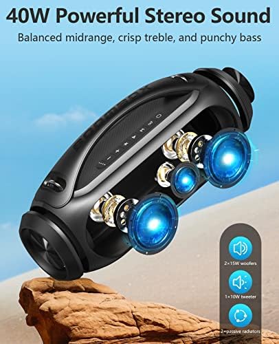 NJSJ Пренослив Bluetooth Звучник Со Длабок бас, 40w IPX6 Водоотпорен Bluetooth Звучници, Отворен Безжичен ЗВУЧНИК W/RGB Светла, 24h Playtime/Стерео