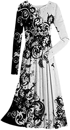 Nokmopo жени фустани за црковен моден обичен печатен печатен врат пулвер со долг ракав фустан