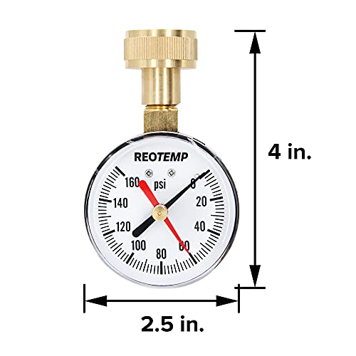 ReoTemp PD25H 2,5 Мерач на тест за притисок на домашна вода со Max Pointer, 0-160 PSI, 3/4 Femaleенски црево за црево, мерач на црево за црево