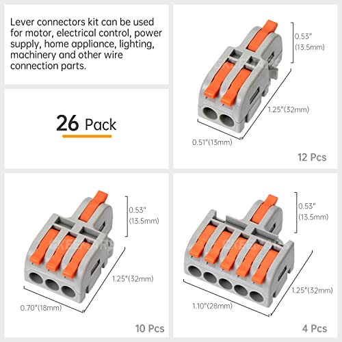 Gkeemars 26pcs Компактен конектори за спојување на конектори за приклучоци за приклучоци за приклучоци 2, 3 и 5 коло на колото 24-12
