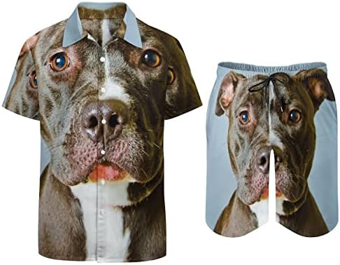 Пит Бул кучиња мажи 2 парчиња хавајски постави копче-долу кошули со кратки ракави, панталони за плажа лабави фит-манжетни тренерки