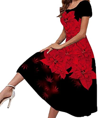 Женски цветен принт максичен фустан круг на кратки ракави за кратки ракави за кратки ракави матурска облека, случајна лабава сума