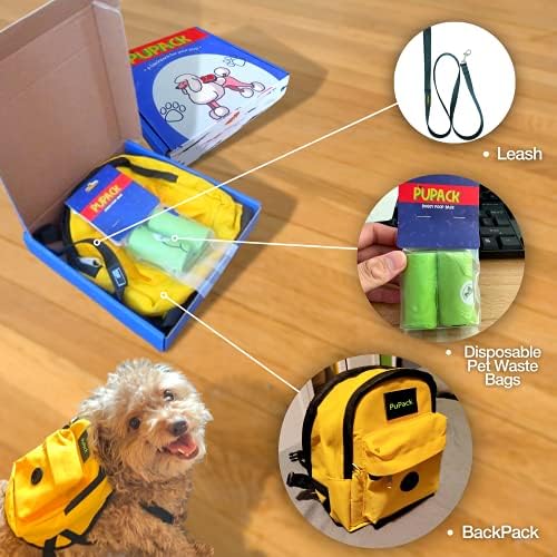 Купачки кучиња Пакет жолт ранец за ранец за кучиња со вграден диспензер за торбички со чанти - без -чак, лесен пакет за домашни миленици