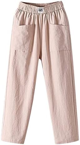 Pantsенски еластични памучни постелнини панталони со џебови со џебови лето за дишење лесни панталони за плажа, релаксирајте се вклопуваат харем