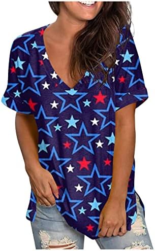 Женски летни врвови кратки ракави на 4-ти јули патриотски печати врвни обични маици со блузи од врата Основна модна маица