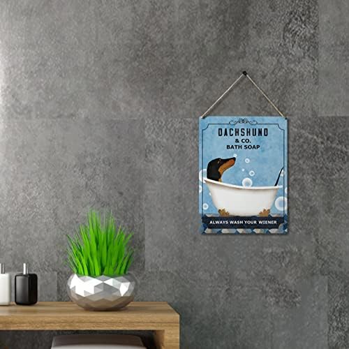 Смешна бања Цитат од дрво Плакета знак Wallид што виси, ретро dachshund & копродукции сапун секогаш мијте го вашиот знак за бања за домашни