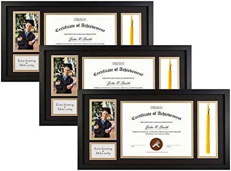Голден Стејт Арт, рамка за црна диплома 11x22 со носител на тасели за диплома 8,5x11 и 4x6 фотографија со цврсто дрво и калено стакло, црна