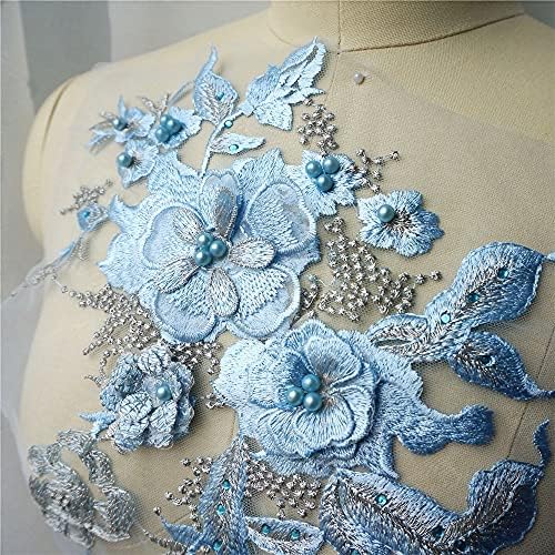 Zyzmh Sky Blue 3D Flowers Flowers Bids Rhinestones Applided везена венчаница за украсување на венчавки од венчаница, ткаенина шива