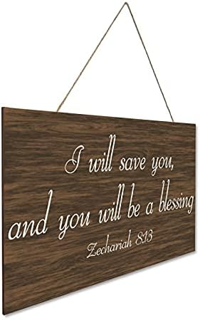 Рустикален дрвен плакета знак Захарија 8:13 Јас ќе те спасам и ќе бидеш благослов C-8 25x40см направен во нас