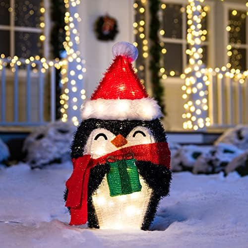 JOIEDOMI 21in Tinsel Penguin 80 LED топли светла бел двор за Божиќни украси на отворено, градинарски украси, Божиќно декорација