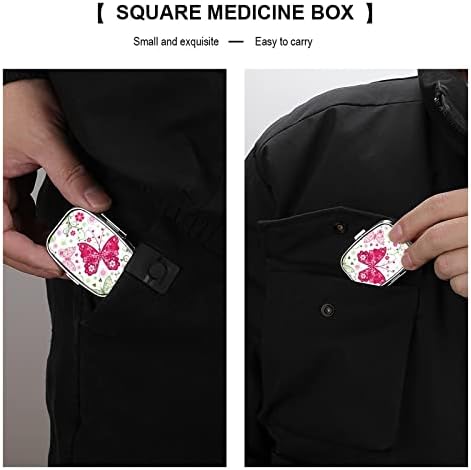 Пилула кутија розова пеперутка флорали квадратни во форма на таблета таблета, преносен пилум за витамин контејнер Организатор на апчиња