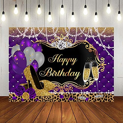 Лофарис виолетова и злато високи потпетици за роденденска забава Среќна роденденска позадина за жени Сливеј балони Перл леопард украси за