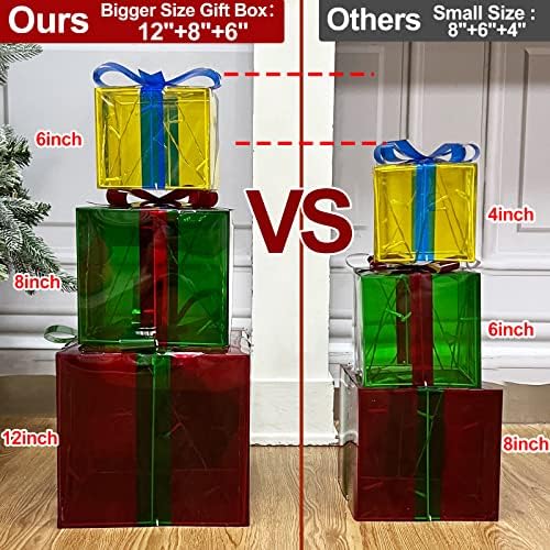 [Супер голема големина 12 -8 -6 ] 3 Пакувања Божиќни осветлени кутии за подароци Декорации 60 LED светла Адаптер напојувана транспарентна