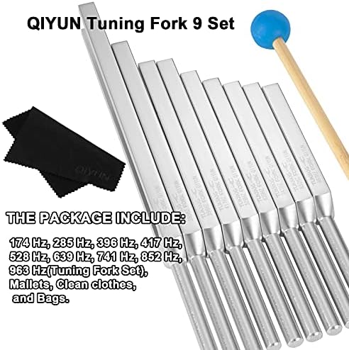 Qiyun Tuning Fork, Solfeggio Tuning Forks Set од 9 за заздравување на звук ДНК, опуштено тело на умот, професионален инструмент од алуминиумска