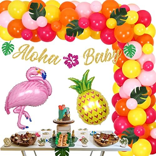 Декорации за туш за бебиња од алоха, алоха бебе банер, украси за туширање за бебиња на Хаваи за девојче, Фламинго тропски балон Гарланд