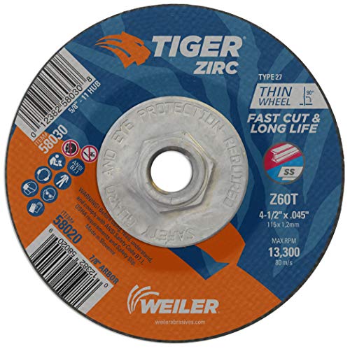 Weiler 58030 4-1/2 x .045 Tiger ZIRC Type 27 тркало за сечење Z60T 5/8-11 UNC NUT, 4 1/2 DIA