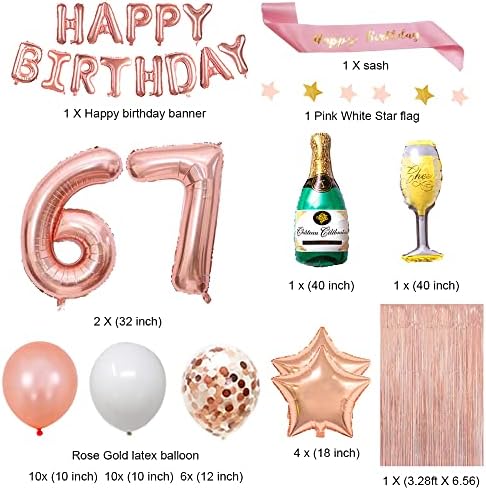 Fancypartyshop 67-Ти Роденден Украси-Розово Злато Среќен Роденден Банер И Појас Со Број 67 Балони Латекс Конфети Балони Идеален За Девојче И Жени 67 Години Роденден Розово Зл