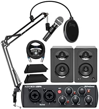 Presonus AudioBox USB 96 25-годишнината Аудио интерфејс пакет со аудио-техника ATR2100X-USB микрофон, монитори на MedionOne M30, Blucoil Boom Arm Plus POP Filter, 2x изолациски влошки и 10 'XLR кабел