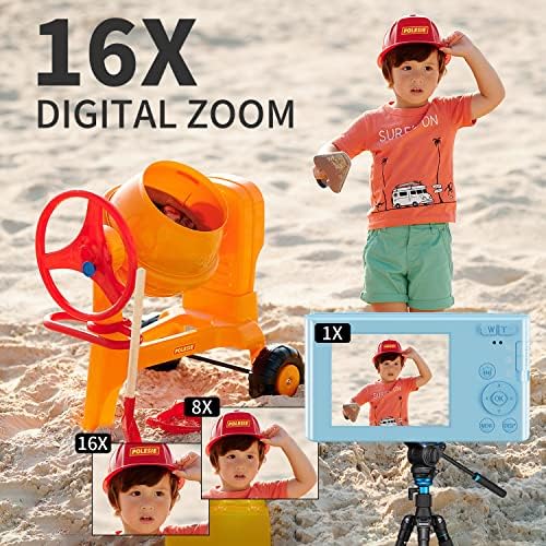 Дигитална камера со 32 GB SD картичка, VJianger 4K 44MP камера со влогање со 2,4 екран, 16x дигитален зум, мини точка и фотоапарати за деца за деца со 2 батерии